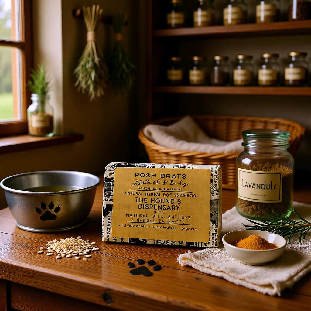 Dog grooming products including a box of 'Posh Brats' shampoo, a bowl of lavender, and a metal bowl on a wooden surface.
