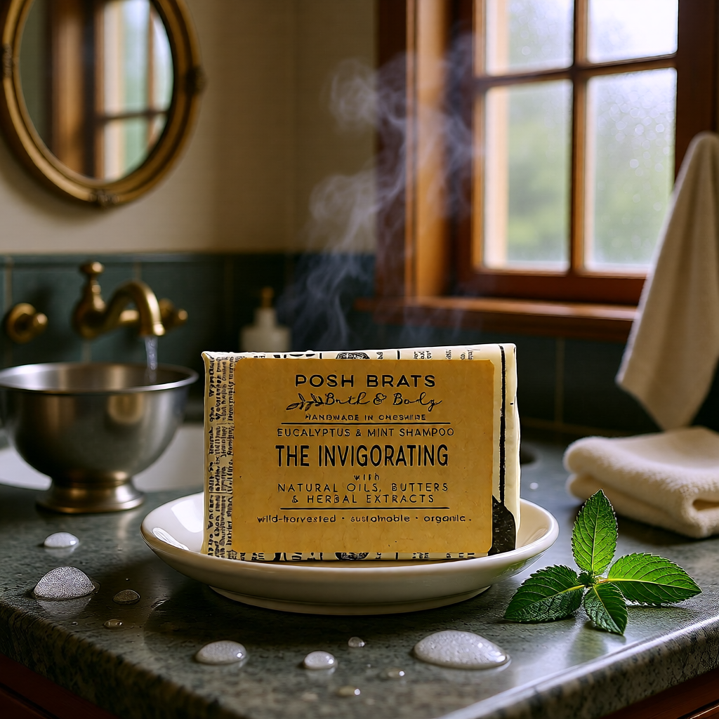 Bar of soap with packaging on a bathroom counter, steam rising from a pot in the background.