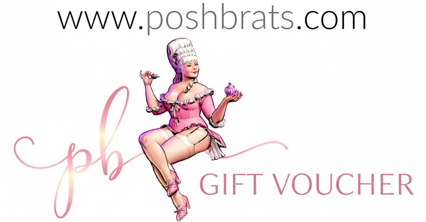 Logo for Posh Brats with a vintage illustration of a woman in an elaborate outfit holding a perfume bottle. Text reads www.poshbrats.com at the top and natural bath & body at the bottom.