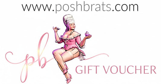 Logo for Posh Brats with a vintage illustration of a woman in an elaborate outfit holding a perfume bottle. Text reads www.poshbrats.com at the top and natural bath & body at the bottom.