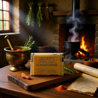 Bar of soap labeled 'The Physick's Defense' on a wooden surface with a fireplace in the background