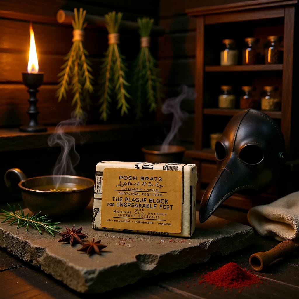 Bar of soap with a label on a stone surface, surrounded by candles, herbs, and a mask.