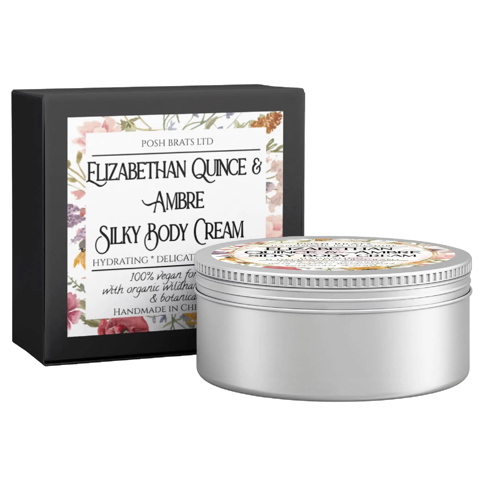 A silver tin and black box of Posh Brats Elizabethan Quince + Ambre Silky Body Butter Cream boasts floral designs and highlights its hydrating vegan formula, a hint of Baltic amber, delicate properties, and handmade craftsmanship in Cheshire.