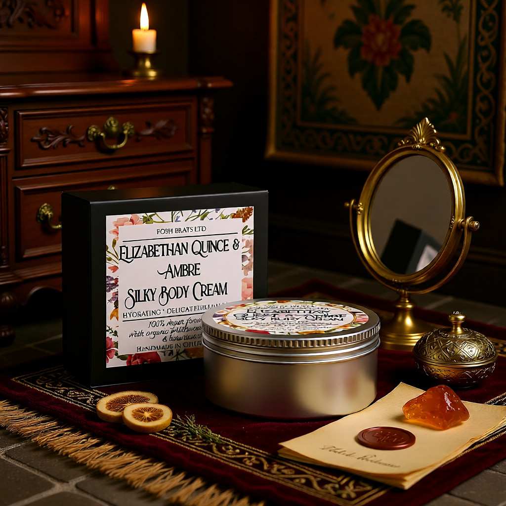 Silky body cream with packaging and decorative items on a wooden surface.