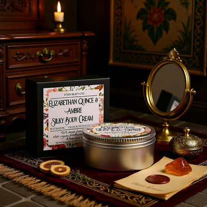 Silky body cream with packaging and decorative items on a wooden surface.