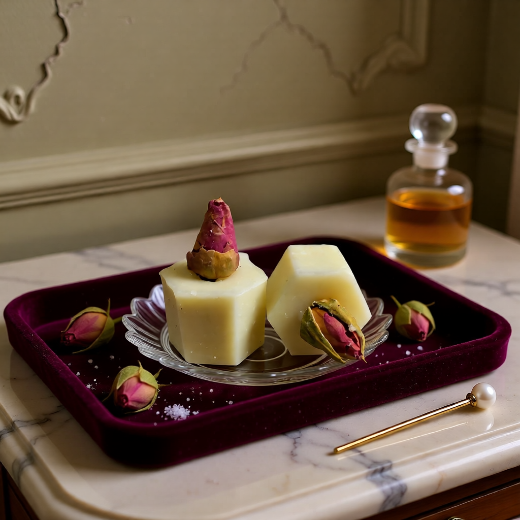 Two white soap bars with pink flower petals on a purple tray with a marble surface and bottle in the background.