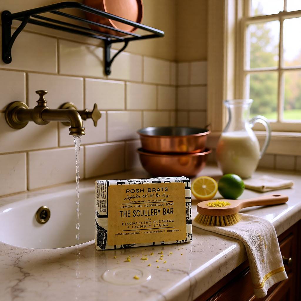 Scullery bar soap on a kitchen counter with a running faucet and copper pots.