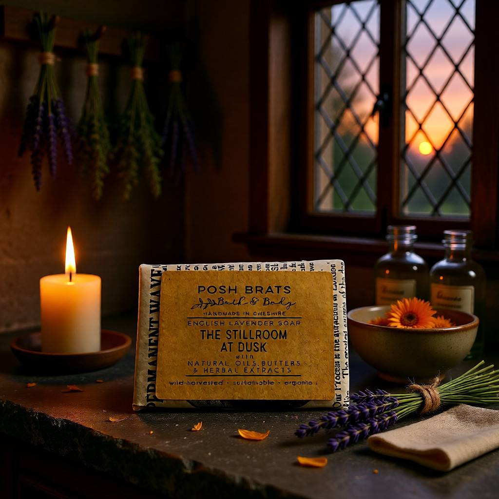 Soap bar with branding on a wooden surface with a candle and flowers in the background.