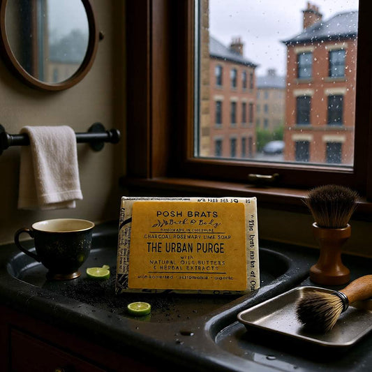 Bar of soap on a tray with a cup and grooming tools in a bathroom setting
