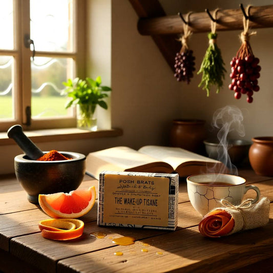 Tea time setup with a cup of tea, a box of 'The Wake Up Tisane', a mortar and pestle, and a book on a wooden table.