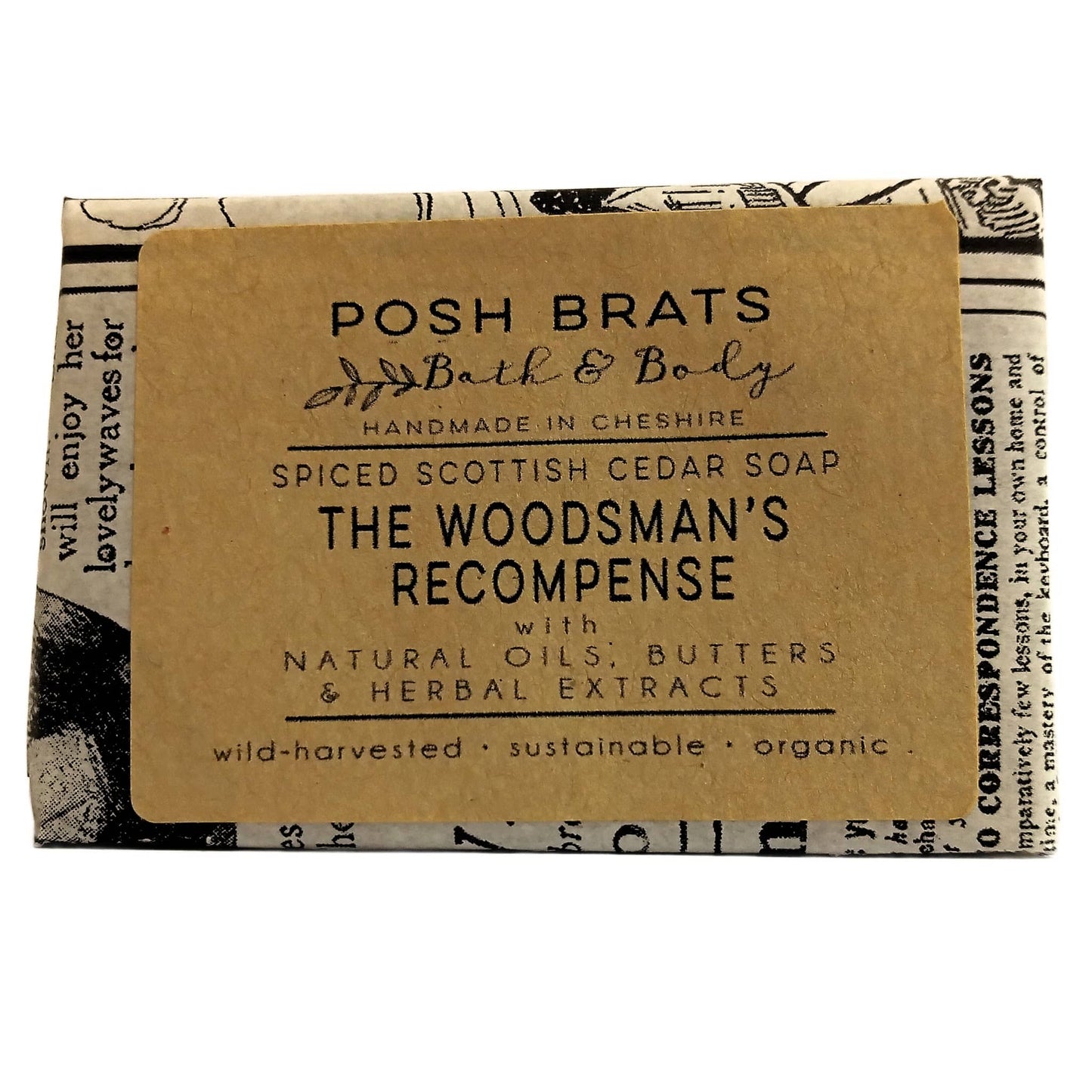 Spiced Scottish Cedar soap bar with 'Posh Brats Bath & Body' packaging on a white background