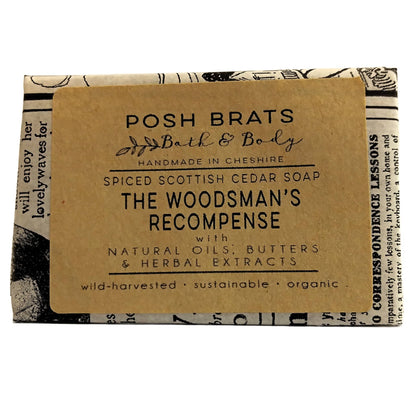 Spiced Scottish Cedar soap bar with 'Posh Brats Bath & Body' packaging on a white background