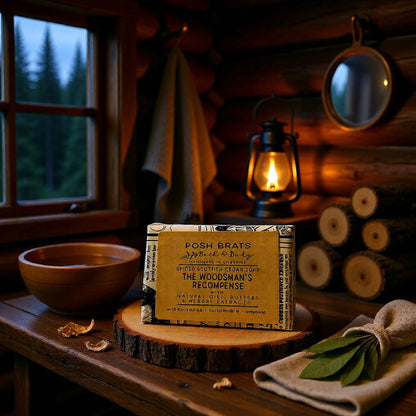 Bar of soap on a wooden surface with a rustic background featuring logs and a lantern.