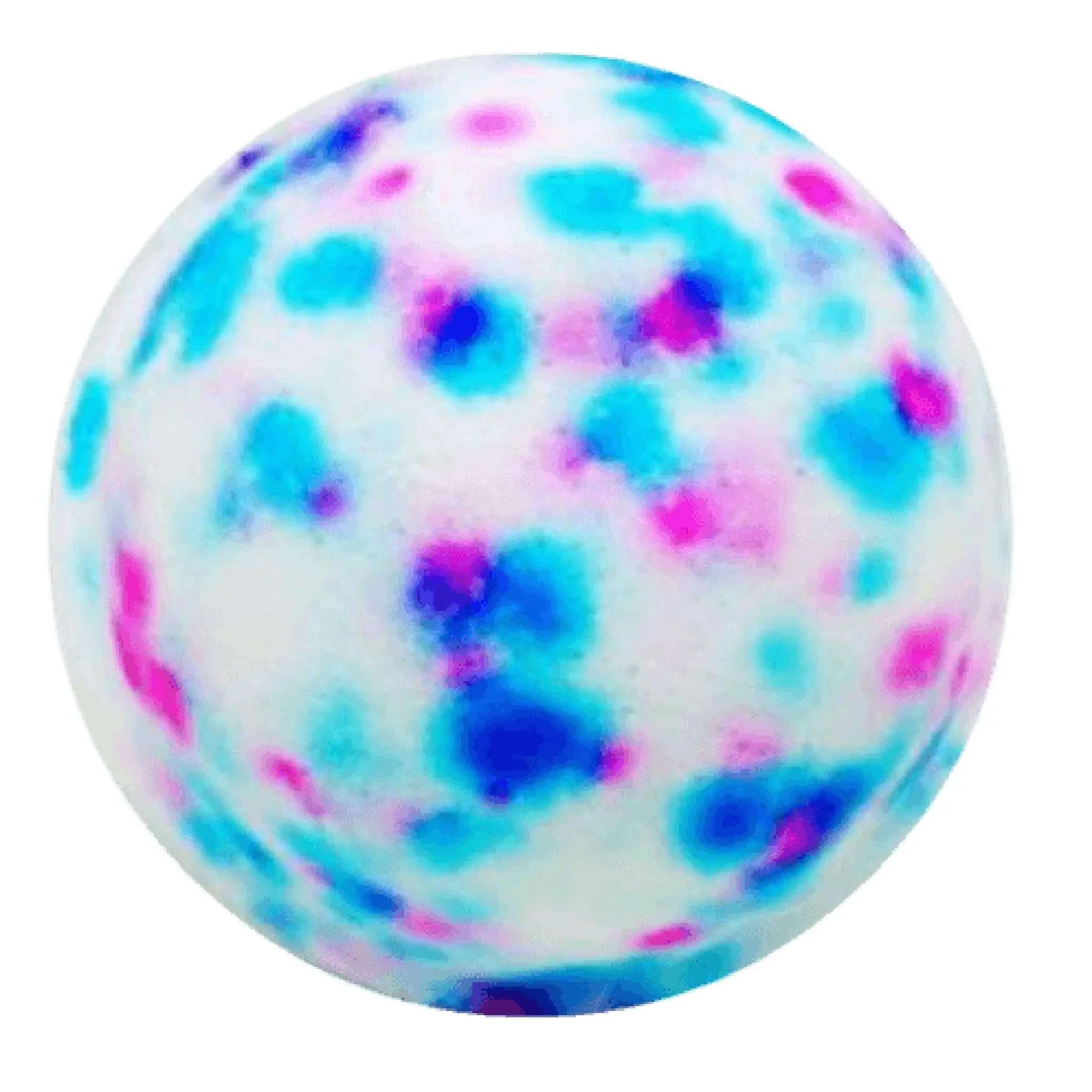 The Baby Powder Fizzy Bath Bomb by Posh Brats features a round, colorful design with pink, blue, and purple spots on a white background, revealing a soothing foamy paradise.