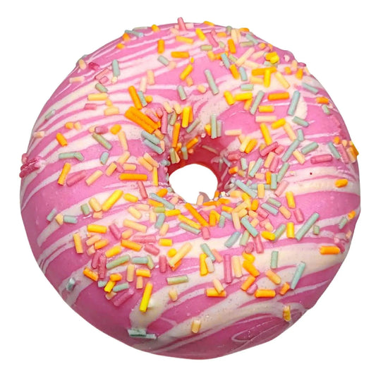Treat yourself to a luxurious bath with Posh Brats Berry Vanilla Sprinkle Donut Bath Bomb, a vegan delight inspired by a pink frosted donut with white icing and colorful jimmies.