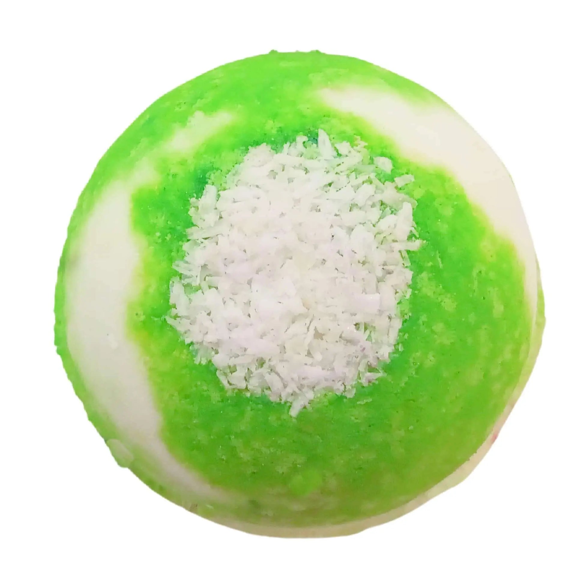 The Coconut Lime Fizzy Bath Bomb by Posh Brats evokes a tropical paradise with its vibrant green and white exterior. Enriched with nourishing coconut oil and topped with finely grated coconut, it offers a colorful, textured appearance.