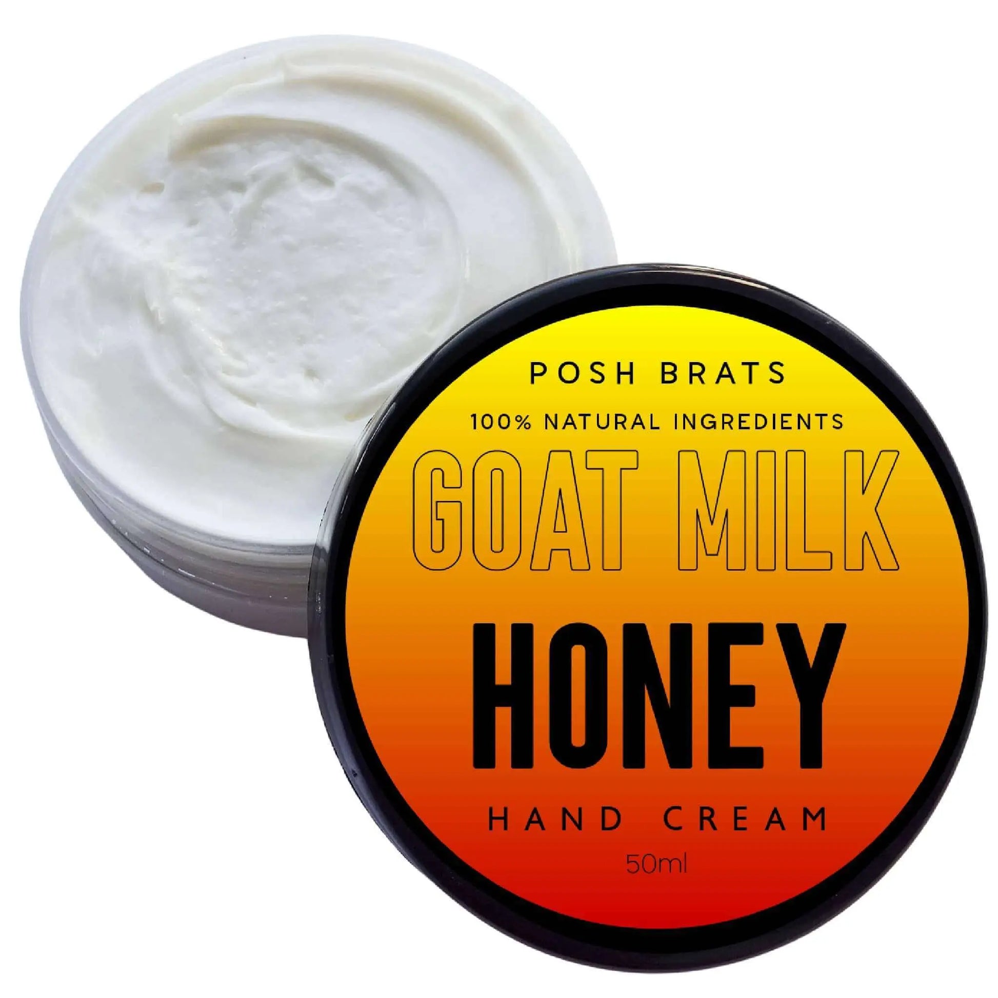 An open container of Posh Brats hand cream reveals white cream inside. The lid beside it reads 100% Natural Ingredients, Goat Milk Aloe Vera Honey Soothing Hand Cream, 50ml on a gradient orange and yellow background.