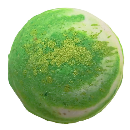 A Frozen Lime Margarita Fizzy Bath Bomb by Posh Brats, featuring green and white marbling with gold speckles, captures the vibrant zest of lime and a hint of tequila allure in its smooth, slightly domed top.
