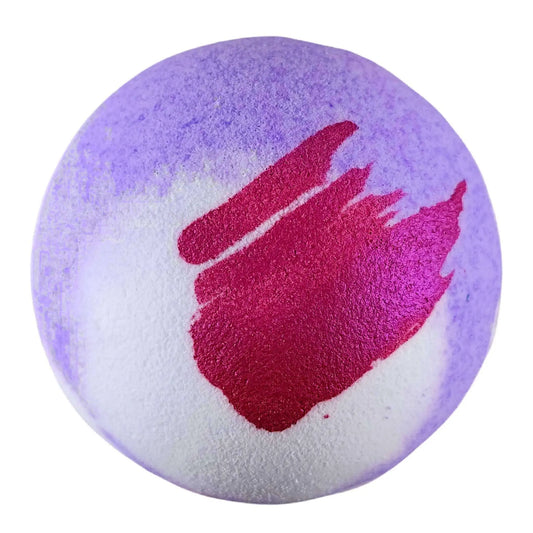The Luxury Lavender Fizzy Bath Bomb by Posh Brats is round with a purple and white marble pattern, highlighted by a vibrant red brushstroke. Its soothing lavender fragrance ensures a luxurious spa experience.