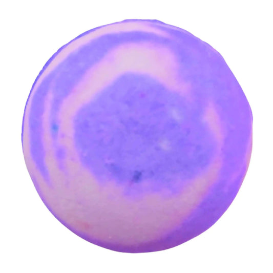 The Victorian Parma Violet Fizzy Bath Bomb by Posh Brats has an elegant, abstract purple and white swirl pattern, reminiscent of a Victorian Parma Violet, creating a mesmerizing, planetary-like appearance.