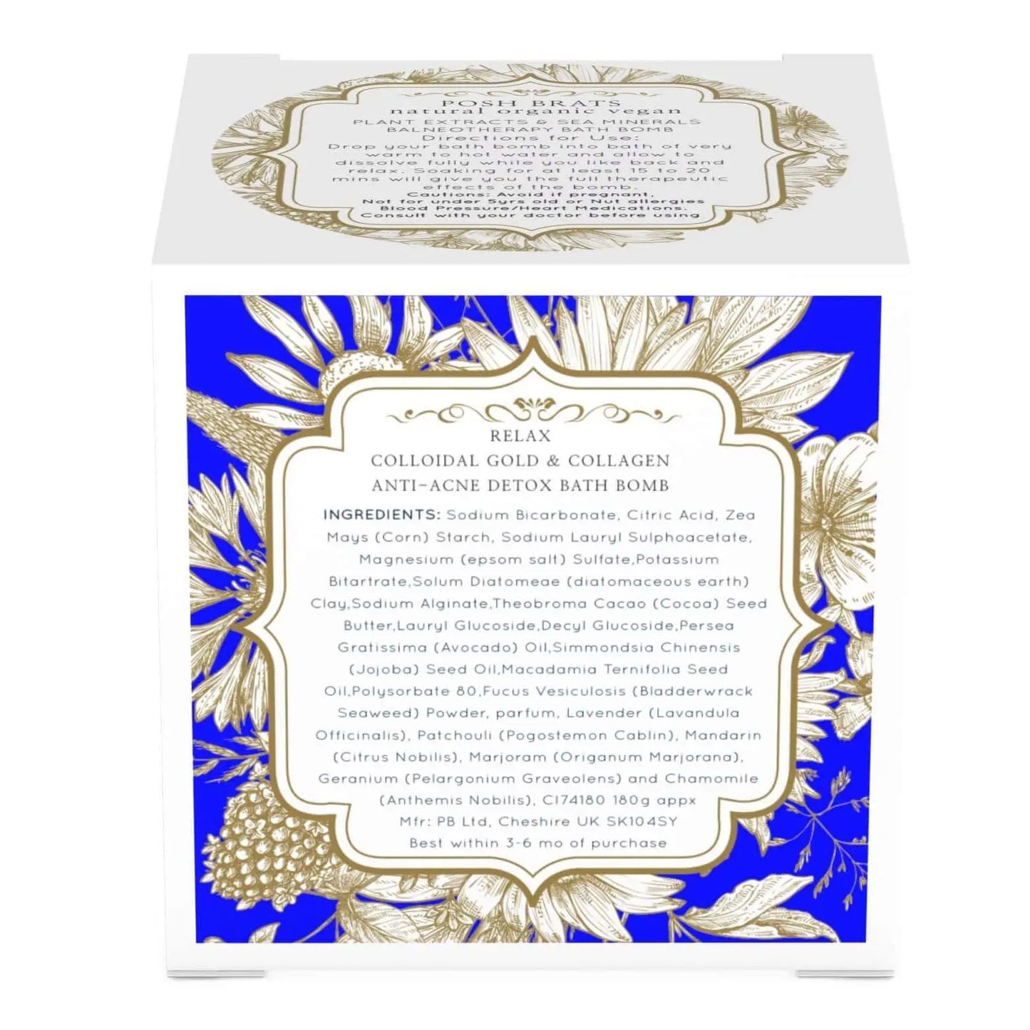 The Relax Aromatherapy Bath Bomb by Posh Brats comes in a white box with gold floral designs on a blue background. It features colloidal gold, salts, and essential oils and is labeled Anti-Acne Detox with storage tips. Made in Cheshire, UK, it offers stress-relief benefits.
