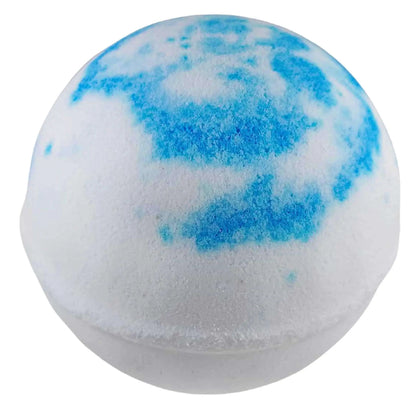 Introducing Posh Brats Relax Aromatherapy Bath Bomb: a spherical white and blue orb resembling Earth. Infused with essential oils, it transforms your bath into a tranquil oasis, providing a stress-relieving experience.