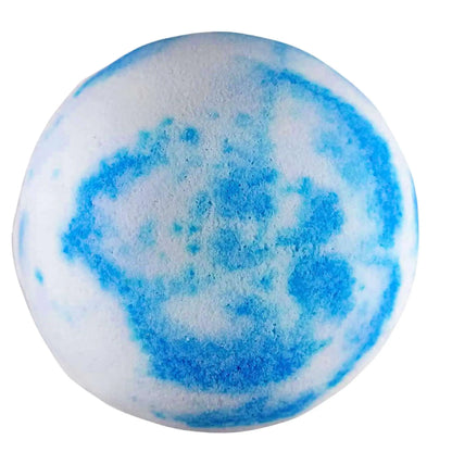 Introducing Posh Brats Relax Aromatherapy Bath Bomb, a round, marbled blue and white bath bomb that resembles a small planet. Infused with essential oils, it offers a stress-relieving soak with swirling blue areas on a calming white background.
