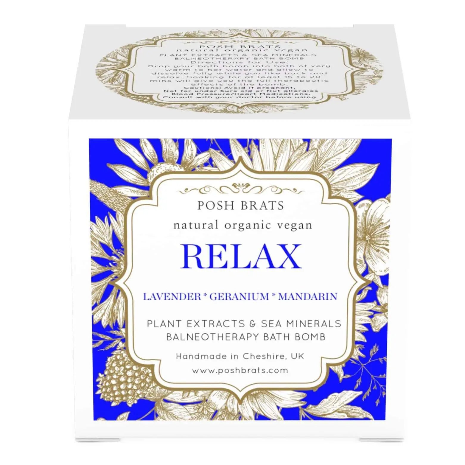 The Relax Aromatherapy Bath Bomb by Posh Brats features a blue and white floral design and is infused with lavender, geranium, and mandarin essential oils. It offers stress-relieving sea minerals in a natural vegan formulation. Handmade in Cheshire, UK, it promises balneotherapy bliss.